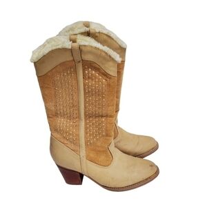 Vintage Pig Suede Woven Faux Fur Lined Tan Western Cowgirl Boots Size 8